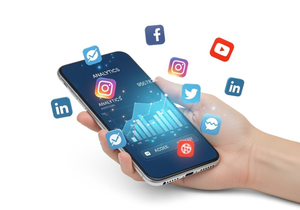 digital,marketing,concept,with,smartphone,,social,media,icons,,analytics,graph
